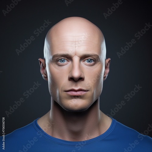 Portrait of a man with bald head and blue t-shirt.AI.