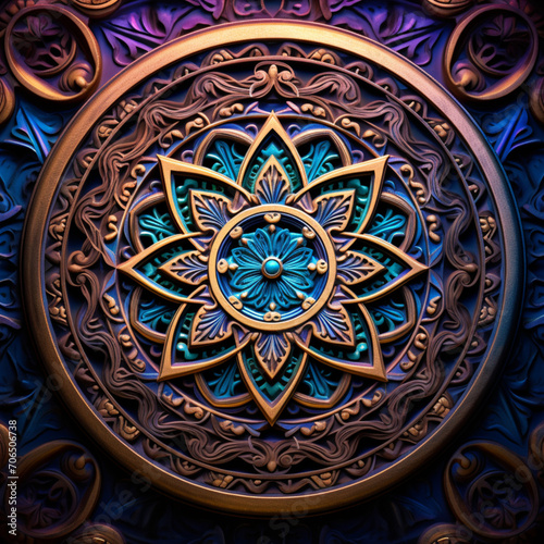 Ilustracioon de formas geometricas y tonos purpura, dorado y azul