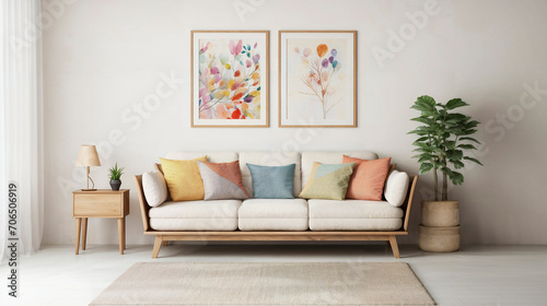 Cozy living room with a modern sofa adorned with colorful cushions and wall art