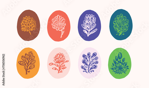 Linocut plant sprig in colorful frame vector motif set. Folkart collection of rural rustic floral in shabby chic scandi style. Clipart collection for graphic quirky leaf illustration. 