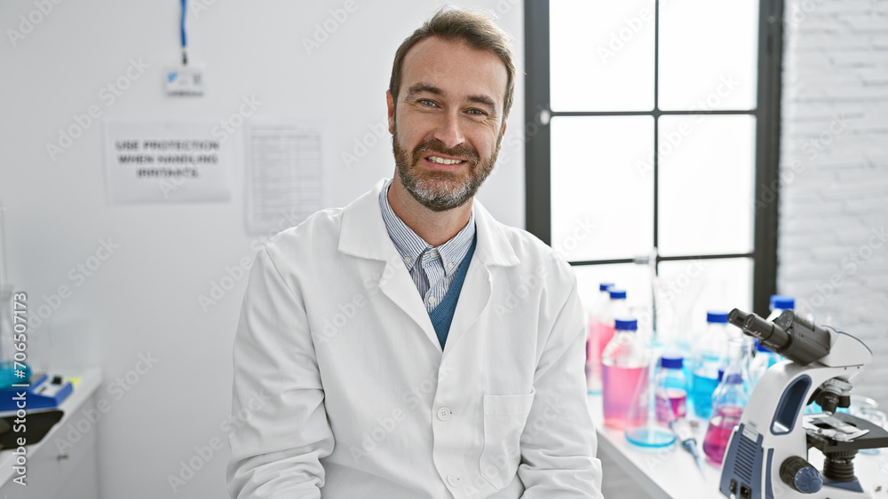 Smiling middle-aged hispanic man in lab coat indoors with microscope and lab equipment, portraying a professional and welcoming healthcare worker. Smiling middle-aged hispanic man in lab coat indoors with microscope and lab equipment, portraying a professional and welcoming healthcare worker.