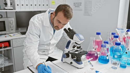 Focused hispanic man with beard using a microscope in a clinical laboratory setting, surrounded by scientific equipment and blue liquids.