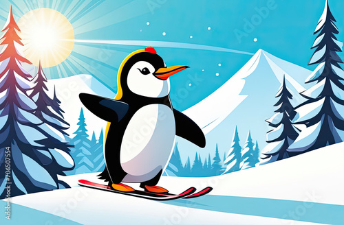 Cute penguin skiing in the mountains on a sunny day. Cartoon vector illustration