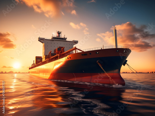 Oil Tanker Cargo Ship on the Sea in a Wonderful Sunset Sunrise AI Artwork