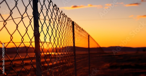 The Sturdy Mesh and Barbed Wire Fence Enclosing an Area, Captured at Dusk