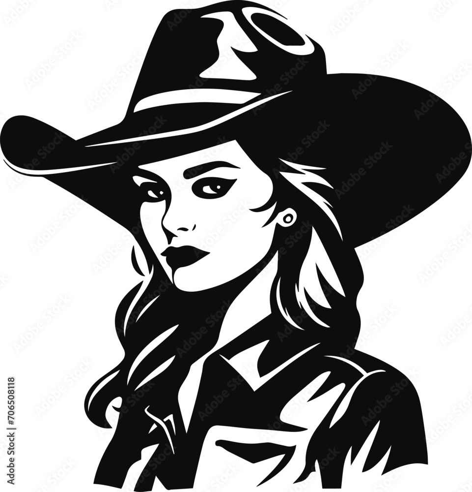 Girl Cowboy in a hat, Black Woman Cowboy silhouette, Woman in hat Vector illustration Girl Cowboy in a hat, Black Woman Cowboy silhouette, Woman in hat Vector illustration