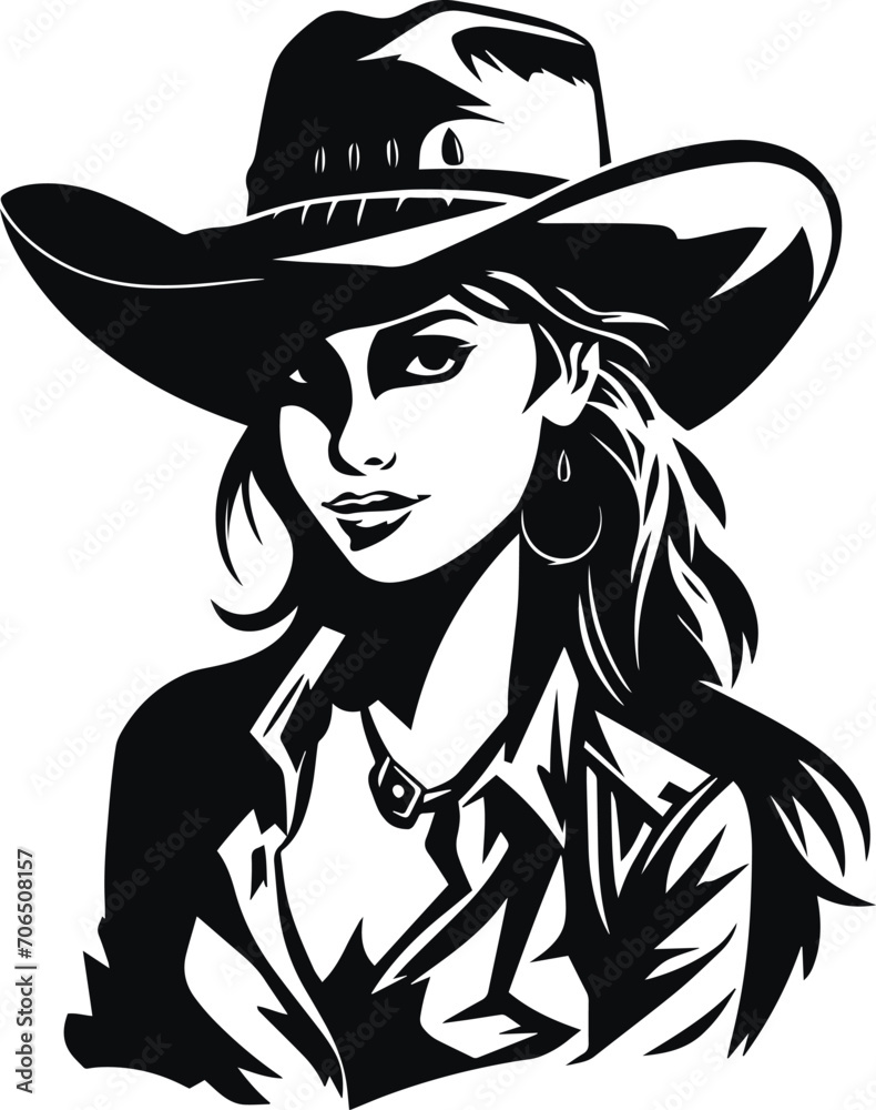 Girl Cowboy in a hat, Black Woman Cowboy silhouette, Woman in hat Vector illustration Girl Cowboy in a hat, Black Woman Cowboy silhouette, Woman in hat Vector illustration