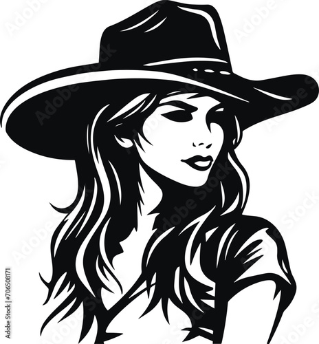 Girl Cowboy in a hat, Black Woman Cowboy silhouette, Woman in hat Vector illustration