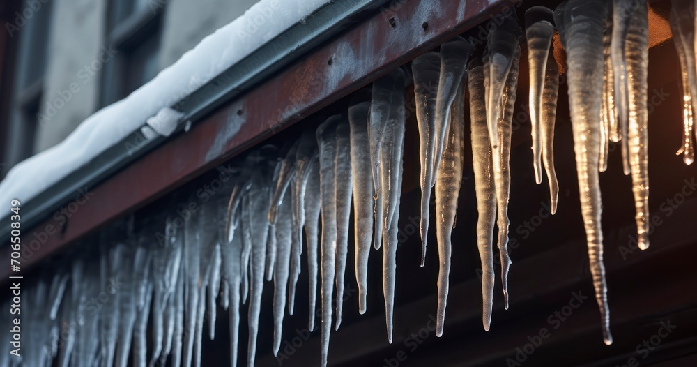 Spiked icicles at the edge of pitched gray roof with clumps of snow in winter - obrazy, fototapety, plakaty 