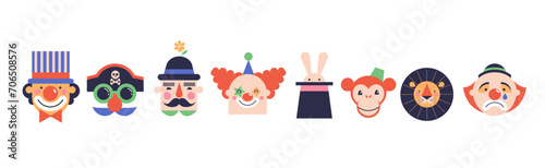 Circus, Carnival, Street Festival, Purim Carnival concept illustrations, elements and icons. Cute faces of clowns and animals. Circus background. Geometric retro style design