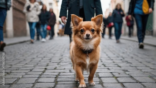 Red chihuahua dog walking on the street