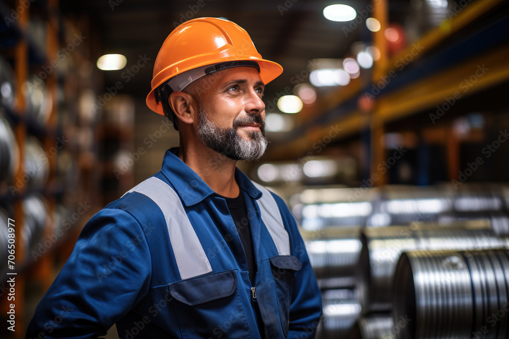 A confident worker in a blue uniform and orange safety helmet stands proudly in an industrial warehouse with steel coils in the background. A confident worker in a blue uniform and orange safety helmet stands proudly in an industrial warehouse with steel coils in the background.