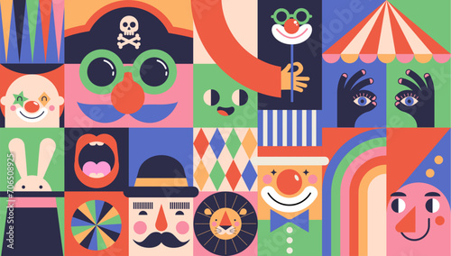 Circus, Carnival, Street Festival, Purim Carnival concept illustrations, Circus background. Geometric retro style design. Vector illustrations, posters, banner