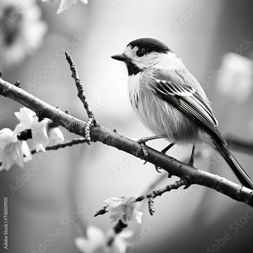 fotografia en blanco y negro con detalle de pequeño pajaro posado sobre una rama de arbol photo