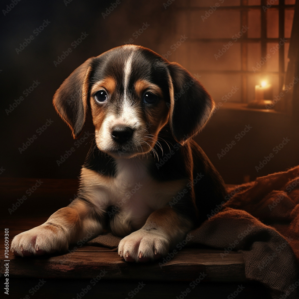 little beagle puppy in a dark room