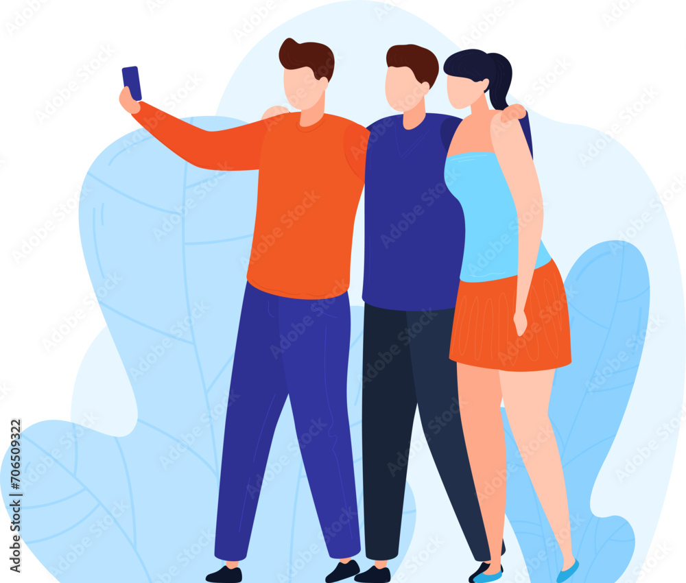 Obraz premium Two young men and a woman taking a selfie together, casual clothing, friends pose for photo, cheerful group. Friendship, social media, and technology concept vector illustration.