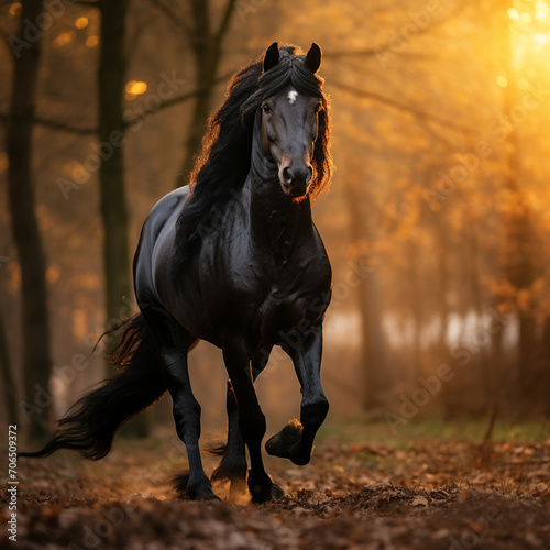 beautiful friesian horse develops its mane in the forest in the morning at dawn