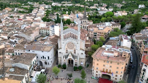 Soller, Mallorca, Balearic Islands, Spain. Famous tourist attraction. Old Spanish town between mountains top drone aerial view