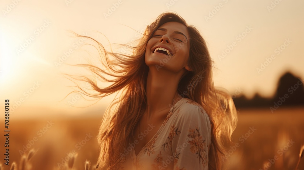Beautiful carefree woman in fields being happy outdoors. Neural network AI generated art Beautiful carefree woman in fields being happy outdoors. Neural network AI generated art