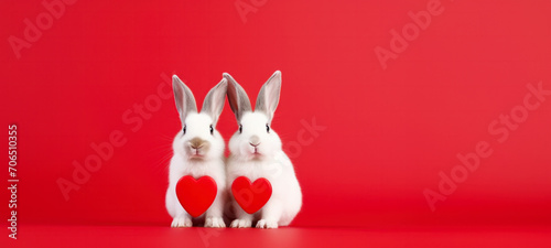 Happy Valentine's day greeting card, Cute bunnies couple whith a heart, love, wedding celebration concept greeting card on red background © chiew