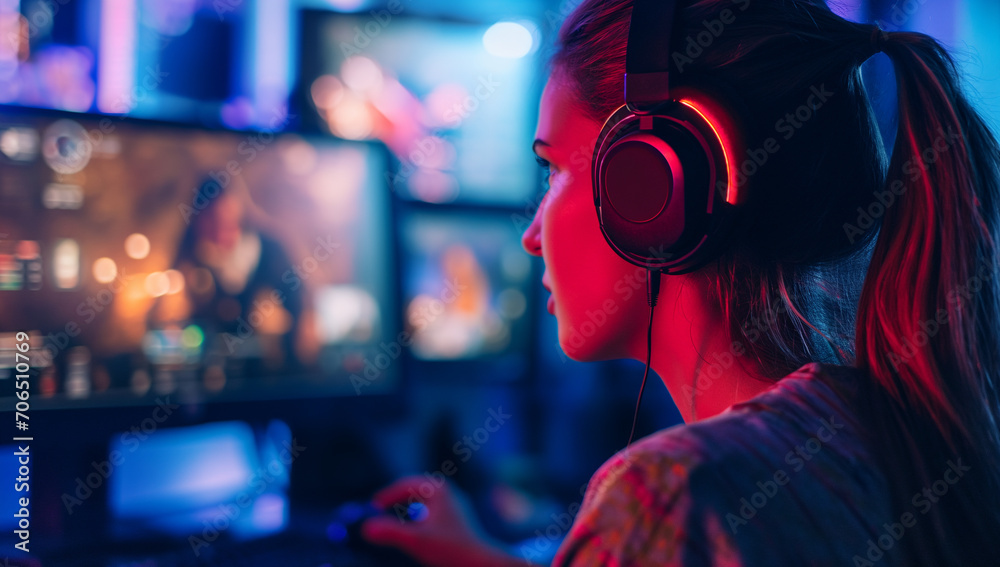 Woman sitting in front of computer monitors with headphones on Woman sitting in front of computer monitors with headphones on