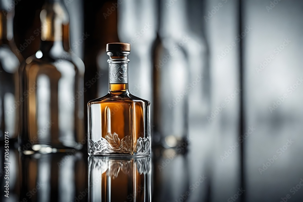 amber bottle of liquor in a classy wooden blurry interior amber bottle of liquor in a classy wooden blurry interior