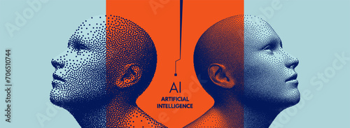 Two man stand back to back. Futuristic artificial intelligence concept. Minimalistic design for business presentation, placard, banner, cover, brochure or notebook. 3d vector with place for text.