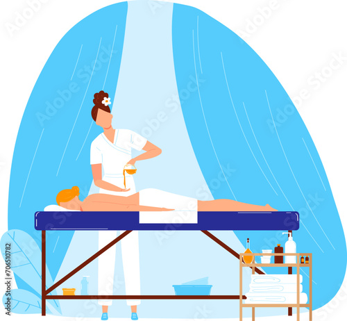 Massage therapist pouring oil, preparing for treatment. Female masseuse ready to start therapy session. Relaxation and wellness spa concept vector illustration.