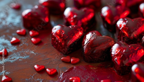 Professional photo of chocolate heart-shaped candy in red foil