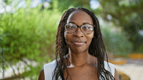 An adult african-american woman with curly hair wearing glasses smiles subtly in a sunny outdoor garden setting