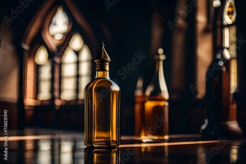 amber bottle of liquor spirits  in a dark wooden blurry interior