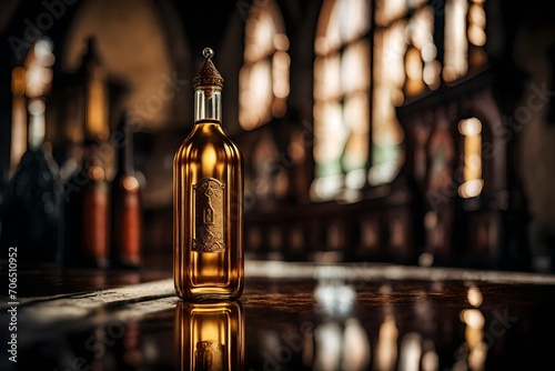 amber bottle of whisky in a classy wooden blurry interior photo