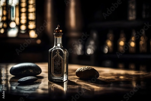 amber bottle of whisky in a classy wooden blurry interior