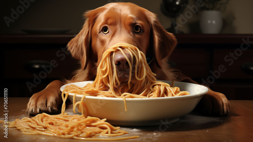 Golden retriever dog hilariously eating spaghetti from a plate on a wooden table photo
