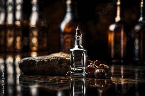 amber bottle of liquor in a classy wooden blurry interior
