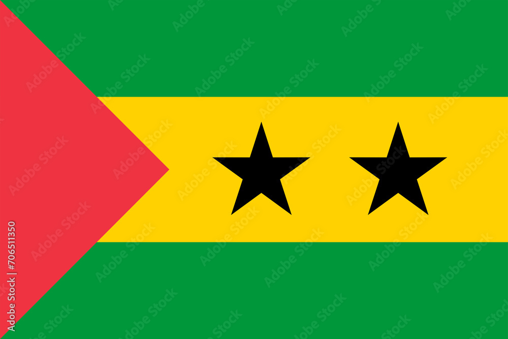 Flag of Sao Tome and Principe. Red-yellow-green flag with two stars. State symbol of the Democratic Republic of Sao Tome and Principe. Flag of Sao Tome and Principe. Red-yellow-green flag with two stars. State symbol of the Democratic Republic of Sao Tome and Principe.