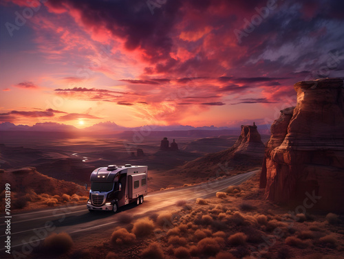 Recreational Vehicle Apartment Truck on the Road in a Wonderful Sunset Sunrise Aerial AI Photo © boscorelli