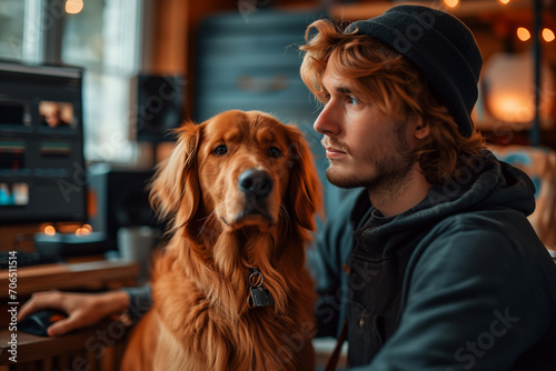 A man hugging golden retriever dog at home The bond between a dog and its owner concept.