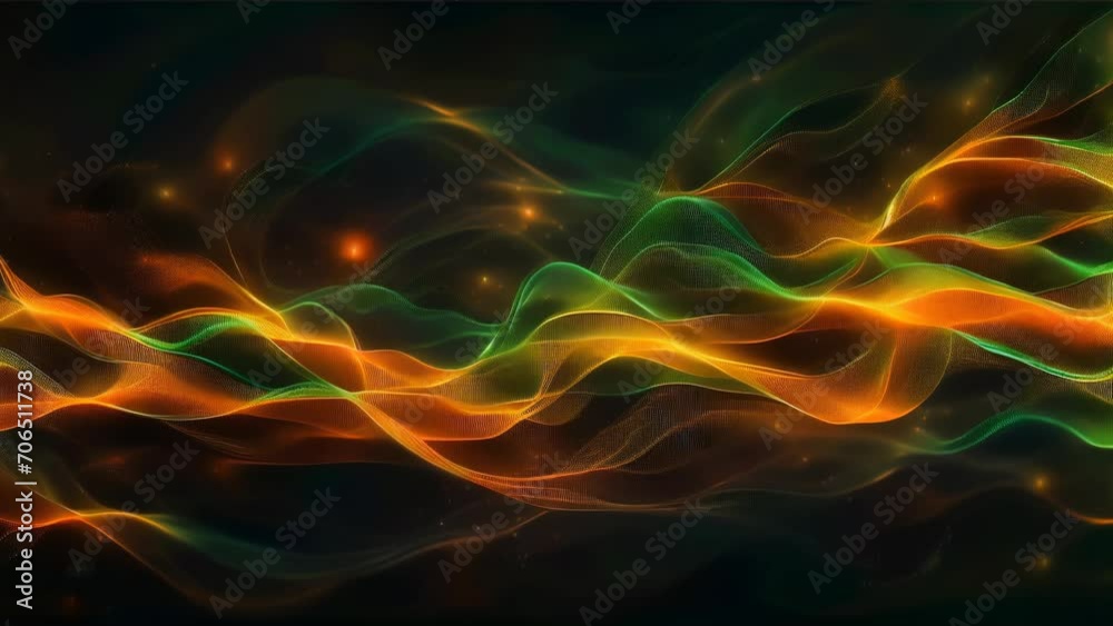 An abstract design featuring green and orange lights intersecting as if flowing through darkness, conveying energy and motion.
