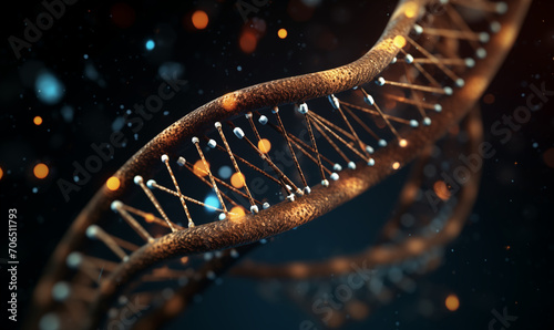 DNA double helix structure on a dark during DNA strand with a gold background3D illustration DNA structure with blue light bokeh.AI Generative photo