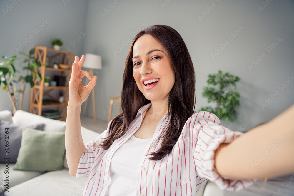 Portrait of nice cheerful girl toothy smile make selfie hand fingers demonstrate okey symbol modern flat indoors Portrait of nice cheerful girl toothy smile make selfie hand fingers demonstrate okey symbol modern flat indoors