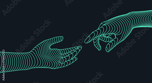 Hands reaching towards each other. Concept of human relation, togetherness or  partnership. 3D vector illustration. Can be used for advertising, marketing or presentation.
