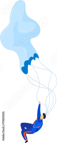 Skydiver in blue suit with open parachute floating in the air. Adventurous activity and freedom concept vector illustration.