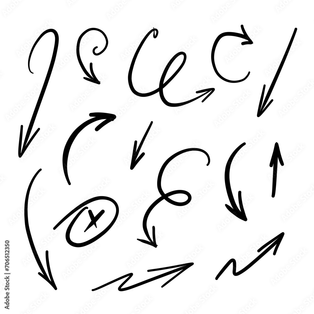 Vector set of hand drawn arrows. Black arrows isolated on white background. Vector set of hand drawn arrows. Black arrows isolated on white background.