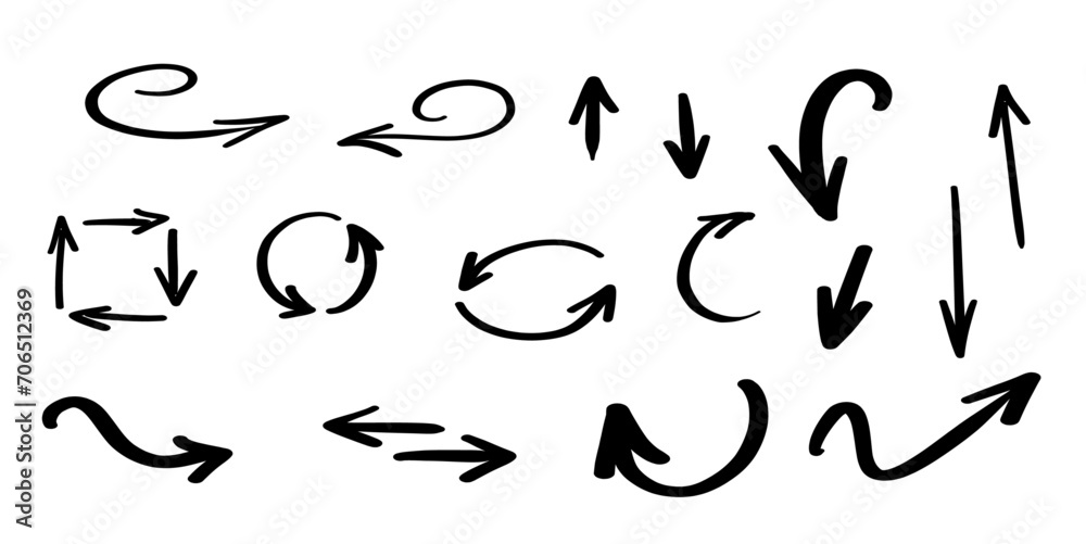 Vector set of hand drawn arrows. Black arrows isolated on white background. Vector set of hand drawn arrows. Black arrows isolated on white background.