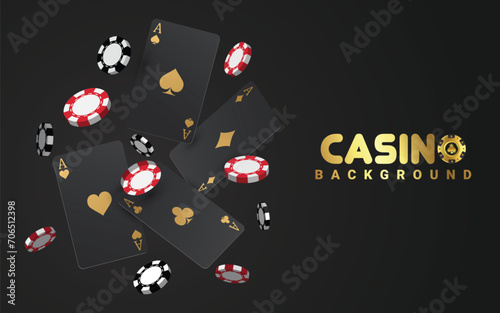 Falling four black poker cards with gold suit and casino gambling chips