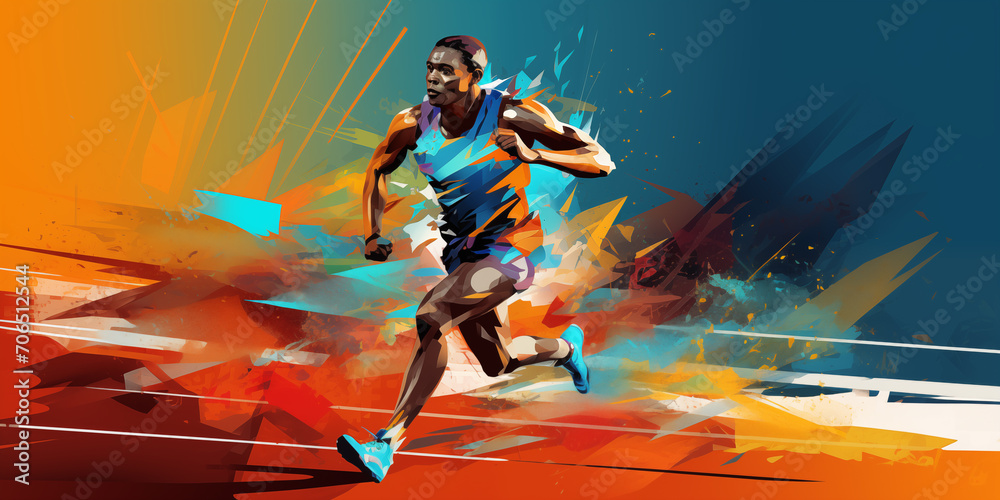 Artistic male athlete running fitness concept. Male runner abstract colorful art background.
