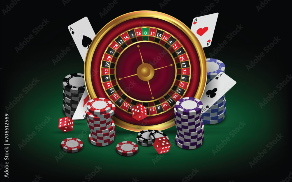 Casino roulette wheel with white poker cards, casino chips and red dice on green background Casino roulette wheel with white poker cards, casino chips and red dice on green background