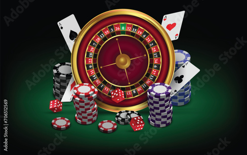 Casino roulette wheel with white poker cards, casino chips and red dice on green background