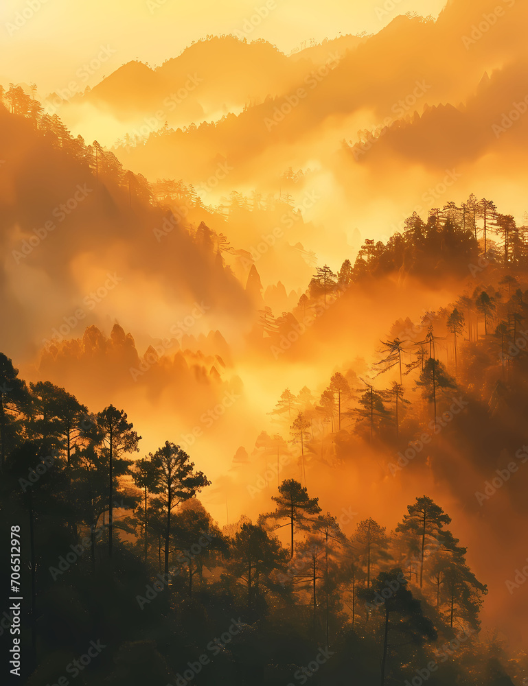 A sunrise and mist in the mountains, in the style of Iban art, romantic: dramatic landscapes 